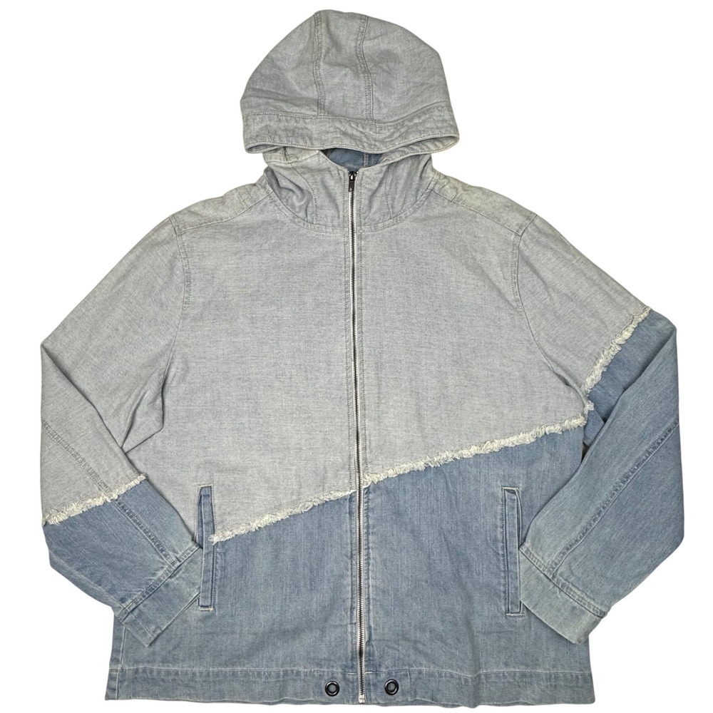 Sun Stone Splice Colorblocked Denim Hoodie Jacket Mens XXL Fraying Patchwork Y2K
